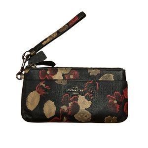 Coach wristlet - black leather & red/tan flowers